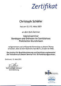 functional bandages and orthoses certificate for Christoph Schäfer